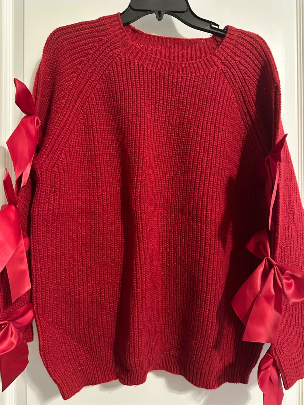SHEIN Red Bow-Trim Knit Crewneck Sweater